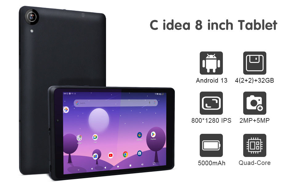 ไอเดียซี Youth 8 Inch Tablet แอนดรอยด์ 13 พร้อมจอไฟฟ้าสีฟ้า, WiFi, 32GB + 64GB, 800*1280 IPS incell CM826