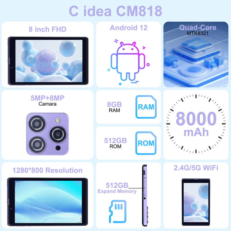 C Idea Portable 8 ใน Android Tablet PC 8GB RAM 512 GB แอนดรอยด์ 12 แท็บเล็ต IPS HD จอ Quad Core CM818-Purple