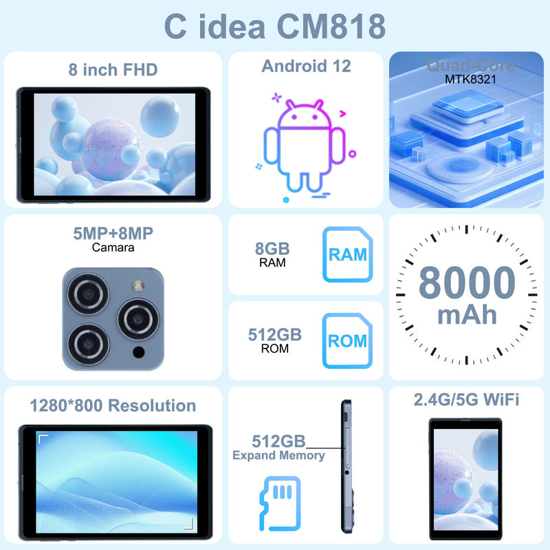 ไอเดีย C แอนดรอยด์ แท็บเล็ต พีซี กล้องคู่ 8 นิ้ว 1280x800 IPS HD Display แอนดรอยด์ 12 แท็บเล็ตสําหรับนักเรียน CM818-Grey