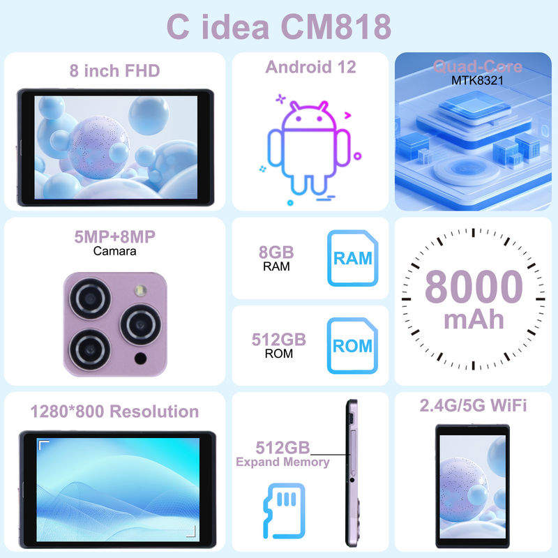 ไอเดีย C แอนดรอยด์ 12 แท็บเล็ต 8 นิ้ว แบตเตอรี่ 8000mAh กล้อง 5+8MP แรม 8GB ROM 512GB สําหรับการศึกษา การเรียนรู้ CM818-ชมพู