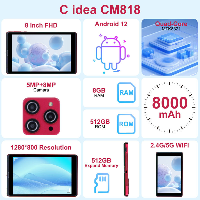 ไอเดีย C แอนดรอยด์ 12 แท็บเล็ต 8GB แรม 512GB โรม 8000mAh แบตเตอรี่ 5+8MP กล้องสําหรับนักเรียนพร้อมการสนับสนุน SIM CM818-แดง