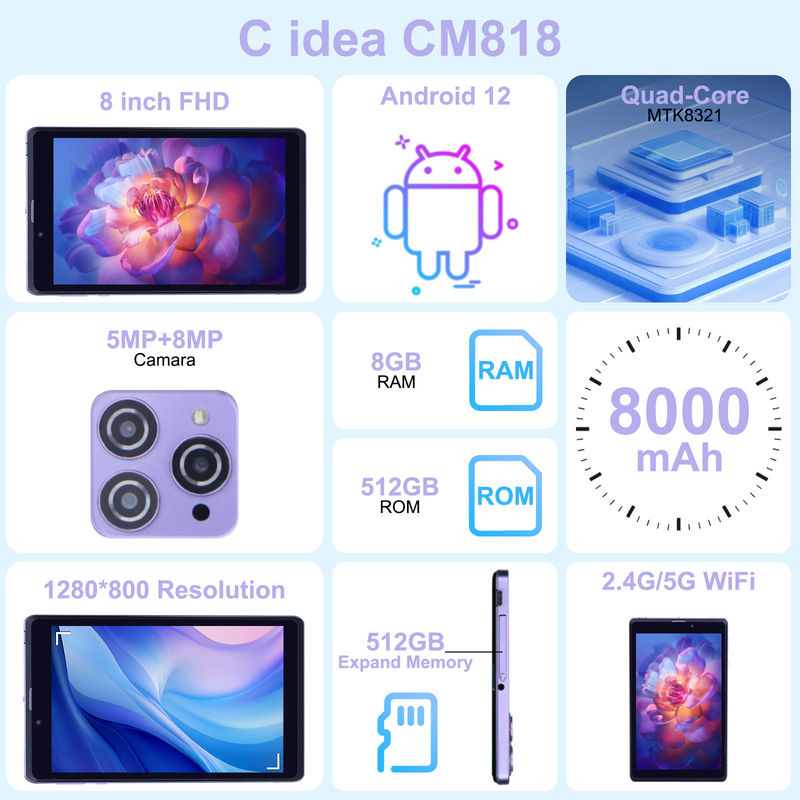 C Idea Portable 8 ใน Android Tablet PC 8GB RAM 512 GB แอนดรอยด์ 12 แท็บเล็ต IPS HD จอ Quad Core CM818-Purple