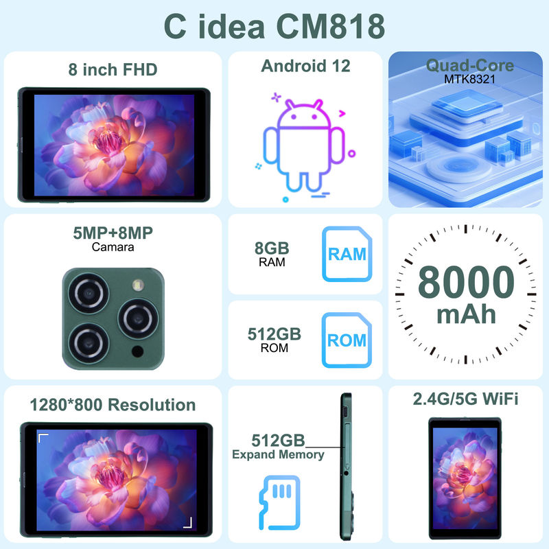 ไอเดีย C พกพา 8 นิ้ว แอนดรอยด์ แท็บเล็ต PC ด้วย แอนดรอยด์ 12 Quad Core CPU 8GB RAM 512GB Storage IPS HD Display CM818-Green