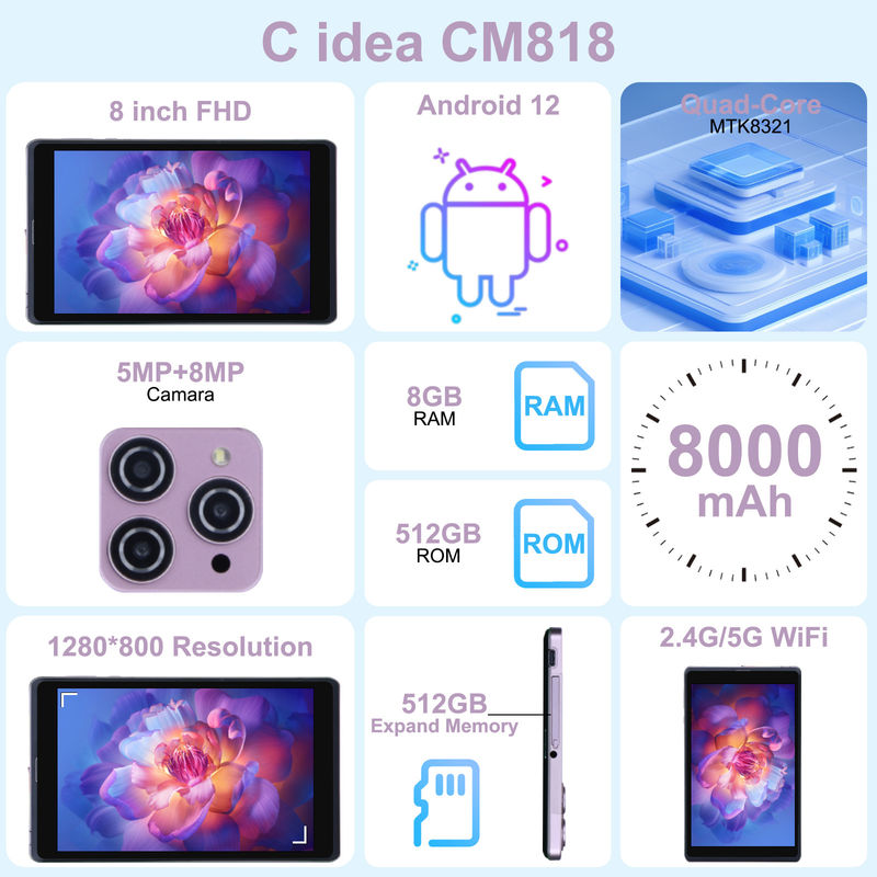C Idea 8 นิ้ว แอนดรอยด์ 12 แท็บเล็ต แบตเตอรี่ 8000mAh กล้อง 5MP+8MP แรม 8GB ROM 512GB สําหรับการศึกษา การเรียนรู้ CM818-ชมพู