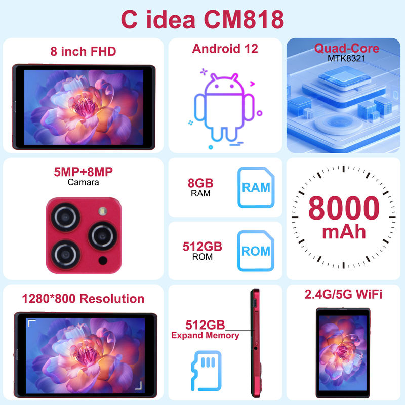 ไอเดีย C 8 นิ้ว แอนดรอยด์ 12 แท็บเล็ต 8GB แรม 512GB โรม 8000mAh แบตเตอรี่ 5+8MP กล้องสําหรับวัยรุ่นพร้อมการสนับสนุน SIM CM818-แดง