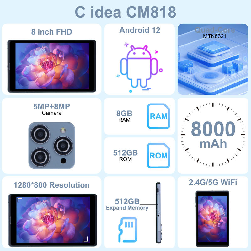 ไอเดีย C แอนดรอยด์ แท็บเล็ต พีซี คล้องคู่ 8 นิ้ว 1280x800 IPS HD Display แอนดรอยด์ 12 แท็บเล็ตสําหรับวัยรุ่น CM818-Grey