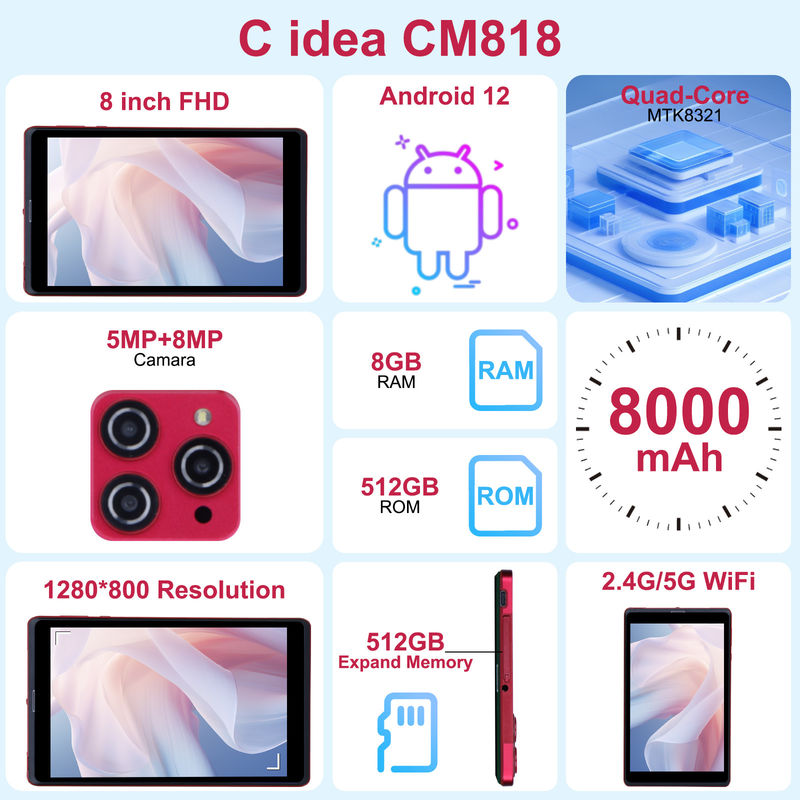 ไอเดีย C แอนดรอยด์ 12 แท็บเล็ต 8GB แรม 512GB โรม 8000mAh แบตเตอรี่ 5+8MP กล้องสําหรับนักเรียนพร้อมการสนับสนุน SIM CM818-แดง
