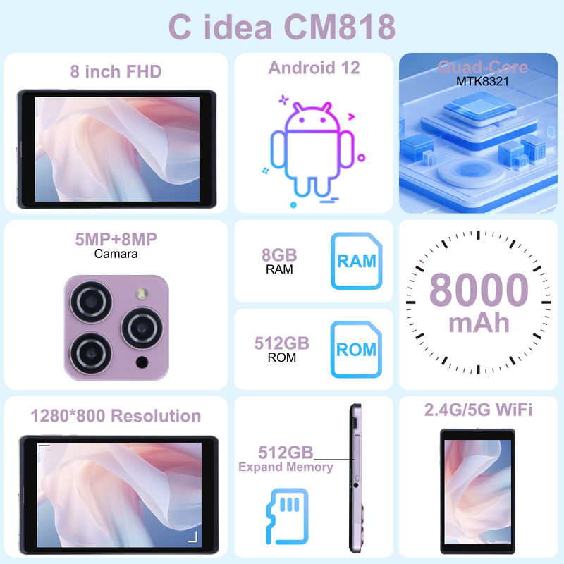 ไอเดีย C แอนดรอยด์ 12 แท็บเล็ต 8 นิ้ว แบตเตอรี่ 8000mAh กล้อง 5+8MP แรม 8GB ROM 512GB สําหรับการศึกษา การเรียนรู้ CM818-ชมพู