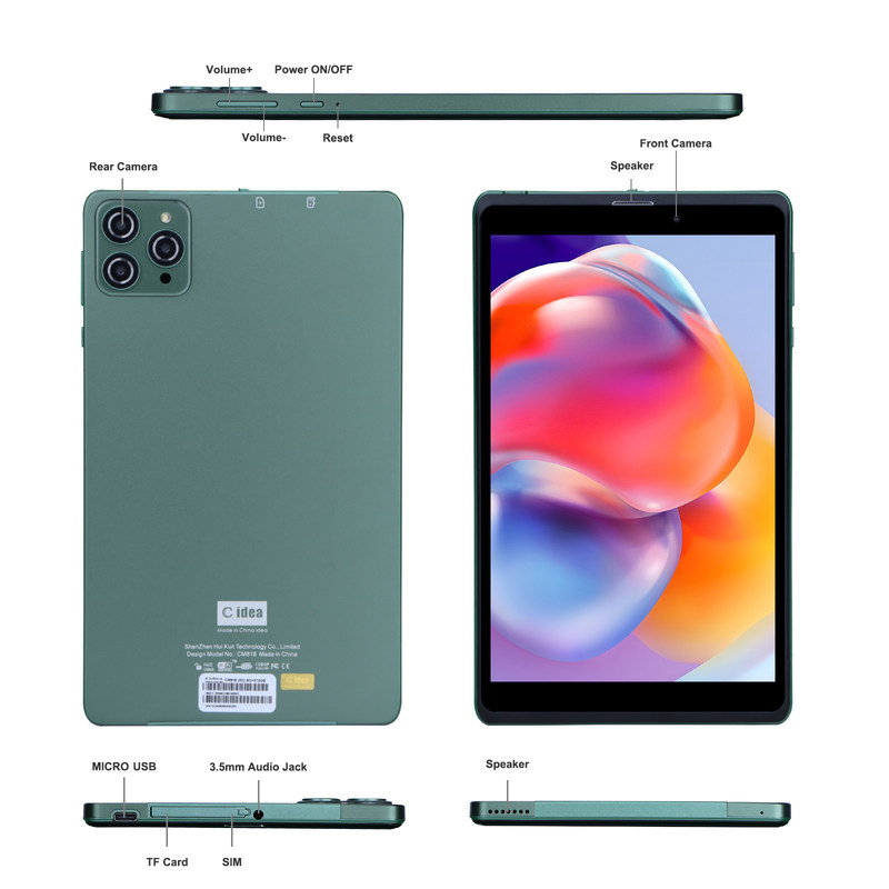 ไอเดีย C 8 นิ้ว แอนดรอยด์ แท็บเล็ตพีซี ด้วย แอนดรอยด์ 12 OS Quad Core CPU 8GB RAM 512GB Storage IPS HD Display CM818-Green
