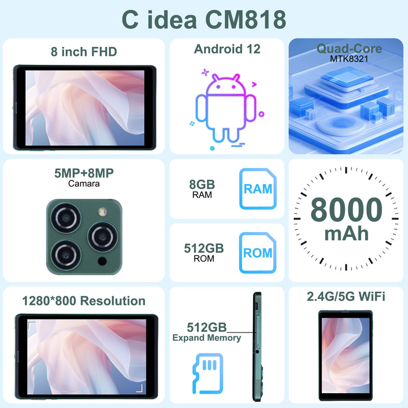 ไอเดีย C 8 นิ้ว แอนดรอยด์ แท็บเล็ตพีซี ด้วย แอนดรอยด์ 12 OS Quad Core CPU 8GB RAM 512GB Storage IPS HD Display CM818-Green