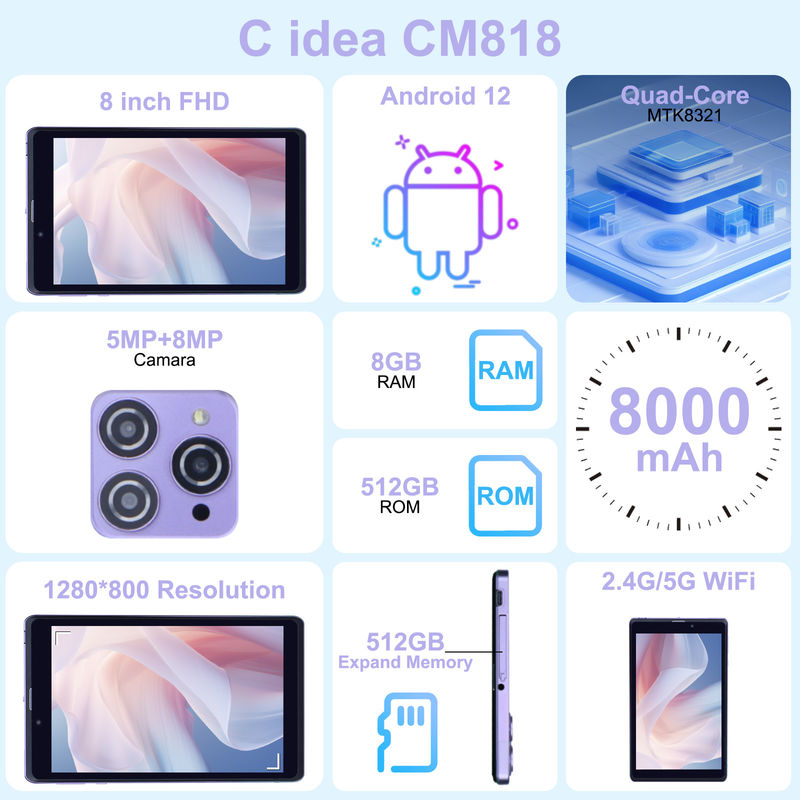 C Idea Portable 8 ใน Android Tablet PC 8GB RAM 512 GB แอนดรอยด์ 12 แท็บเล็ต IPS HD จอ Quad Core CM818-Purple