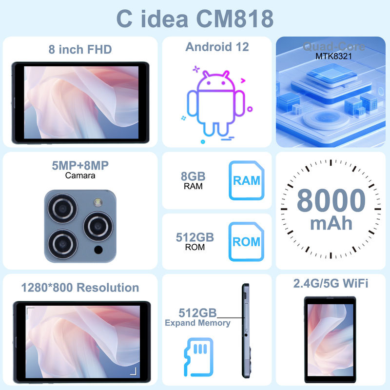 ไอเดีย C แอนดรอยด์ แท็บเล็ต พีซี กล้องคู่ 8 นิ้ว 1280x800 IPS HD Display แอนดรอยด์ 12 แท็บเล็ตสําหรับนักเรียน CM818-Grey