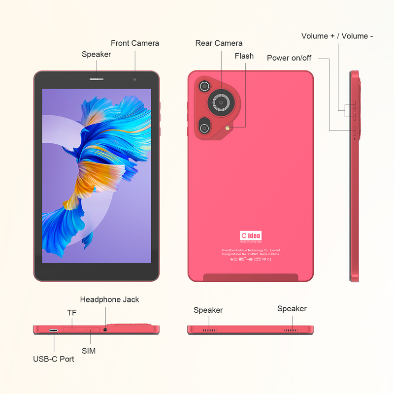 ไอเดีย C Youth red 8 Inch Tablet Android 15 พร้อมสล็อตการ์ด tf, WiFi,8GB +512GB, 800*1280 IPS incell CM828