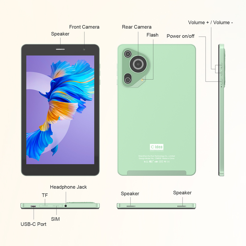 ไอเดีย C วัยรุ่นสีเขียว 8 นิ้ว แท็บเล็ต Android 15 พร้อมสล็อตการ์ด tf, WiFi,8GB +512GB, 800*1280 IPS incell CM828