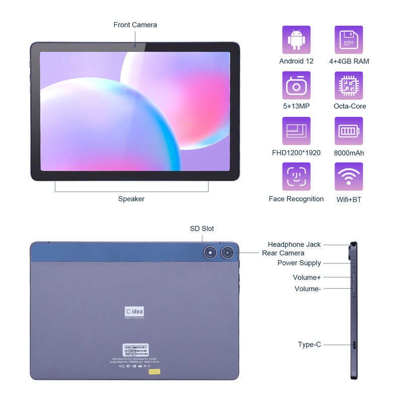C Idea แอนดรอยด์ แท็บเล็ต FHD 1200*1920 พร้อมแบตเตอรี่ 6000mAh 10.1 นิ้ว แท็บเล็ต PC P1250